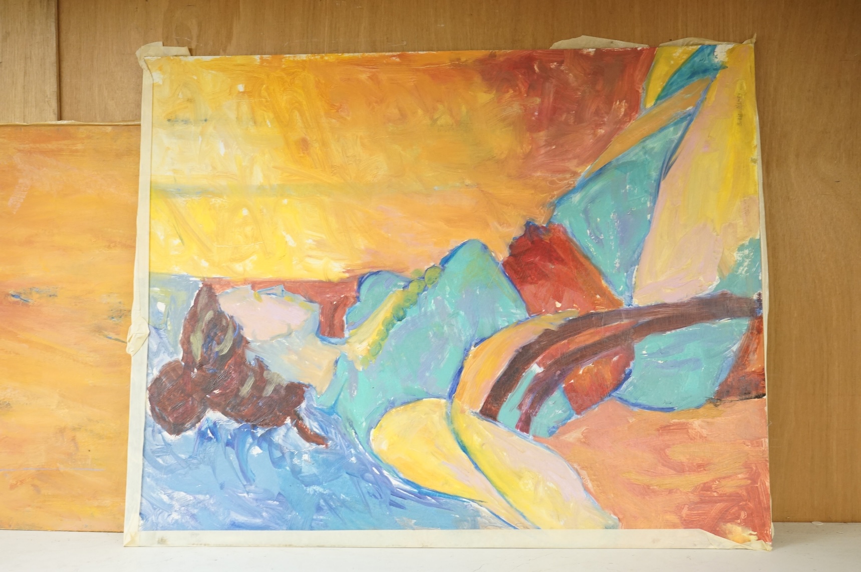 Billie Newey (Contemporary), three abstracts, one titled ‘Red Dawn’, with another oil to the reverse of the board and a portrait of a lady, each signed, oils on board, largest 76 x 61cm, unframed